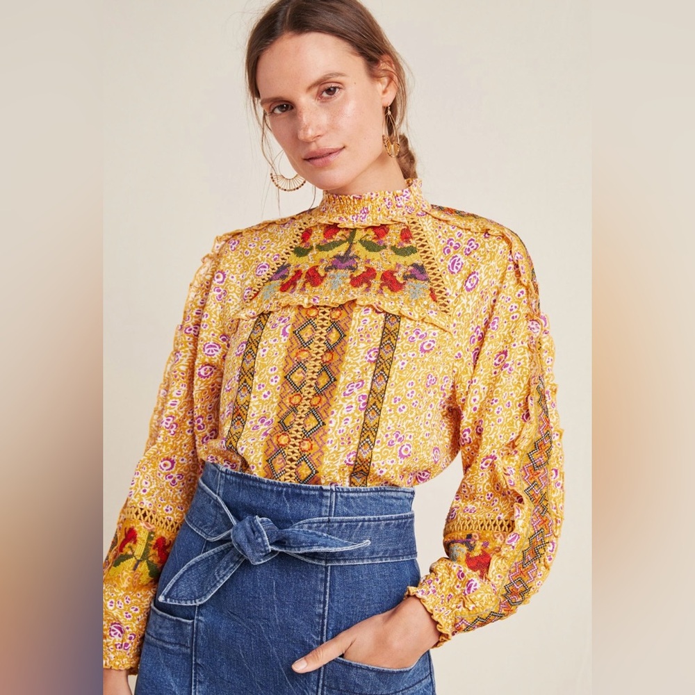Anthropologie Maeve Goldie Blouse Embroidered Detail